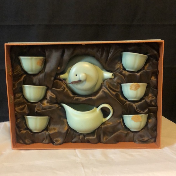 Chinese tea-set in original box; fine ceramic in gorgeous Jade green color - Picture 3 of 9